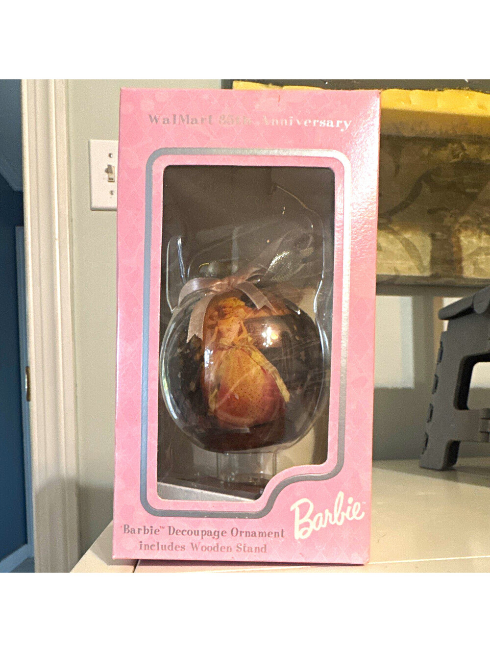 Wal Mart Barbie Christmas Holiday Round Ball Ornament w/ Wooden Stand